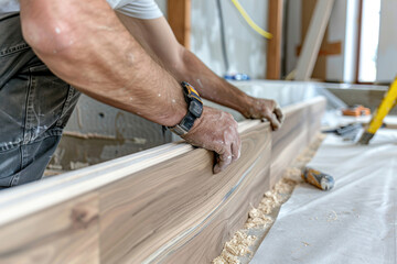 Carpenter Installing Custom Wood Trim in Modern Home
