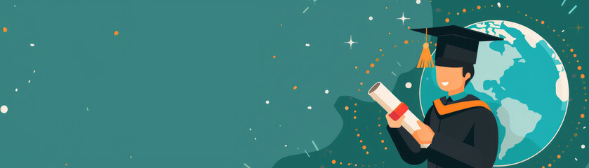 Obraz premium A man in a graduation cap holding a diploma in front of a globe. Concept of accomplishment and the importance of education