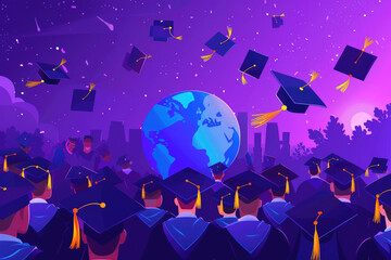A group of graduates are standing in front of a globe, with their caps flying in the air. Scene is celebratory and triumphant, as the graduates have just completed their studies