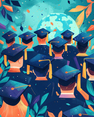 A group of people wearing graduation caps and gowns are standing in a field. The sky is blue and the moon is in the background