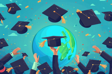 A group of people are holding up their graduation caps and gowns, with one person holding a cap over a globe. Concept of accomplishment and pride, as the graduates celebrate their achievements