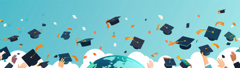 Graduation ceremony with students tossing caps and holding diplomas, globe in the background. Flat design with pastel colors, close-up view, and copy space.