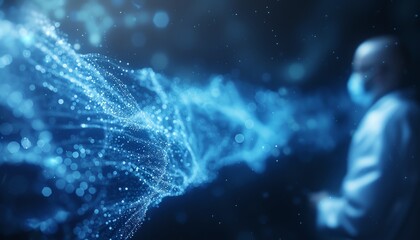 Abstract representation of a scientist studying a digital network. Futuristic technology and innovation concept in a laboratory setting.
