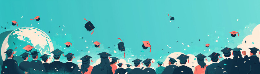 Academic success celebration with students tossing caps and holding diplomas, featuring a globe in the background. Flat design, pastel colors, and close-up view.