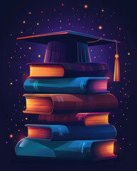 Graduation hat on a stack of books with a glowing diploma, representing academic achievement in vibrant colors, flat design, close-up view, and copy space.