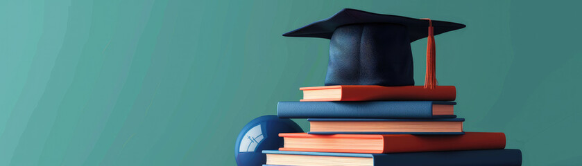 Graduation hat on books with globe captures academic success. Bright colors, minimalist flat design, close-up with copy space, perfect for educational and academic purposes.