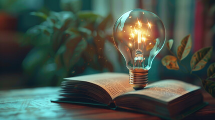 A light bulb is glowing inside a book. The scene is peaceful and calming