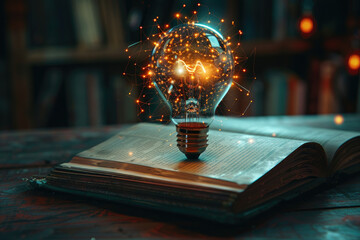 A light bulb is glowing inside of a book. The light bulb is surrounded by a glowing aura, which gives the impression of a magical or mystical object