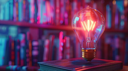 A light bulb is lit up on top of a book. The light bulb is glowing brightly and the book is open to a page. The scene is set in a library, with many books surrounding the light bulb