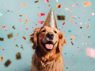 A dog wearing a gold party hat is surrounded by confetti