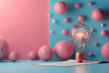 A light bulb is lit up in a room with pink and blue walls. The light bulb is surrounded by many small, colorful balls. The room has a creative and playful atmosphere