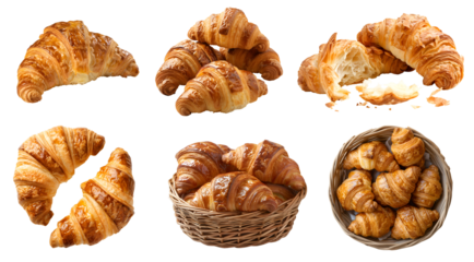 Croissant French bread on transparent background cutout, PNG file. Many assorted different design angles, stack, broken, basket, top view. Mockup template for artwork