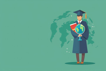 A man in a graduation gown holding a globe and books. Concept of education and the importance of learning