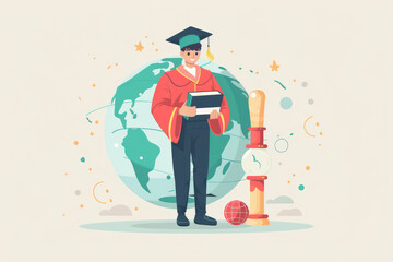 A man in a red robe holding a book and standing in front of a globe. The globe is surrounded by a clock and a ball. Concept of education and the importance of learning