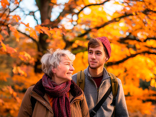 Fototapeta premium A man and a woman are walking in a park with orange leaves on the ground