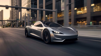 Fototapeta premium Futuristic sports super concept car on the street of a European city, street racing on expensive exclusive luxury auto