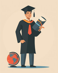 A man in a graduation gown holding a diploma and a globe. The globe is red and white