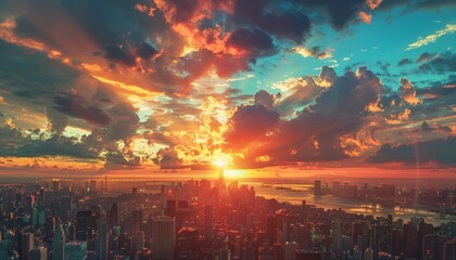 Obraz premium Stunning sunset over a bustling city skyline, capturing vibrant colors and dramatic cloud formations. Perfect for urban and nature-themed designs.