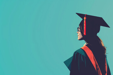 A woman in a graduation gown stands in front of a blue background. She is wearing glasses and a red cap