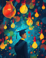 Student with diploma under lamp surrounded by light bulbs, symbolizing intelligence and ideas. Flat design, vibrant colors, close-up with copy space, ideal for educational and inspirational concepts.