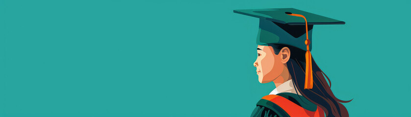 A woman wearing a graduation cap and gown stands in front of a blue background. Concept of accomplishment and pride, as the woman is likely a graduate about to receive her diploma