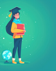 A woman with a cap and gown holding a book and a globe. The globe is on the ground and the woman is standing in front of it