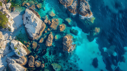 Obraz premium From a bird's eye view you can admire the peace and harmony that prevails over this picturesque coast. The rocky formations of the waterfront contrast with the delicate tones of the turquoise waters.