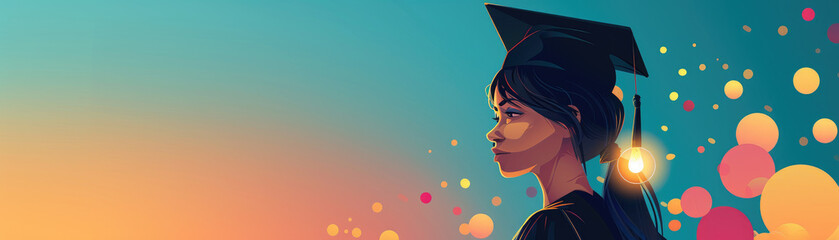 A woman in a graduation cap stands in front of a colorful background. Concept of accomplishment and pride, as the woman is likely a graduate