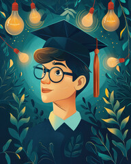 A man wearing a graduation cap and glasses is surrounded by light bulbs. Concept of accomplishment and achievement, as the man is likely a graduate. The light bulbs symbolize knowledge
