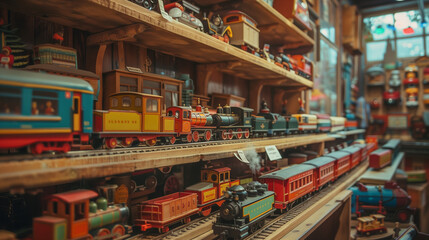 Fototapeta premium A real time journey awaits you in the atmospheric, charming toy train shop. Historic decorations bring a touch of nostalgia to the interior
