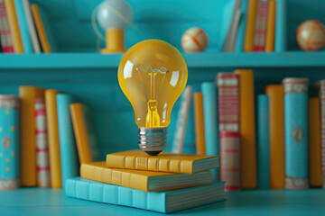 A yellow light bulb is on top of a stack of books. The light bulb is lit up, and the books are arranged in a way that they are leaning on each other. The scene gives off a feeling of creativity