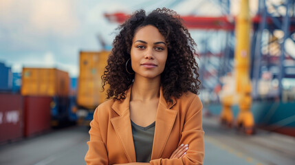 A young woman standing confidently amidst the hustle and bustle of a port terminal appears to be a calm spot amidst the noise of life.
