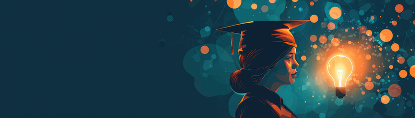 A woman is holding a light bulb in her hand. The image is a representation of the idea of knowledge and learning. The woman is a graduate, and the light bulb symbolizes the illumination of knowledge