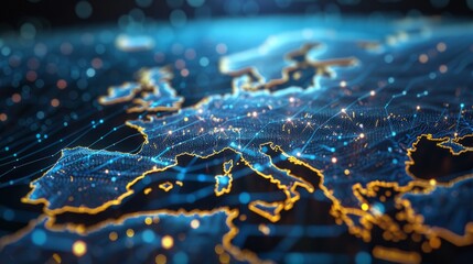 Digitalization in Europe. EU flag goes over into digital data lines and points.