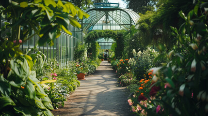 Obraz premium An idyllic afternoon in a classic botanical garden with majestic Victorian greenhouses is a combination of the charm of nature and architecture.