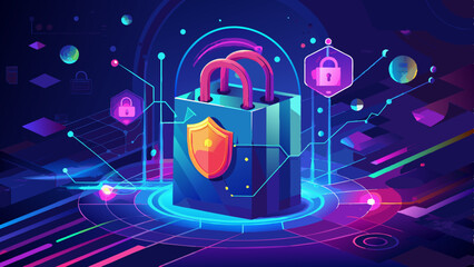 digital background with shopping bag and cyber security elements, hologram style, data flow in the air, digital lines