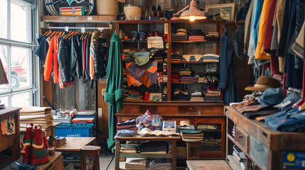 In a vintage second-hand clothing store, sunlight filters through the windows, illuminating colorful fabrics and unique items from the past.