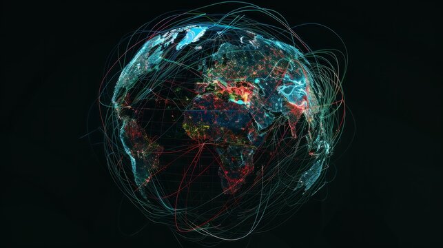 Global world wide web. Communication technologies for different spheres of activity (business). Digital global map of the Earth. Grid. A global network. Illustration for advertising or presentation.