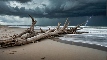 An old tree trunk lies on the beach against a stormy sky. - Powered by Adobe