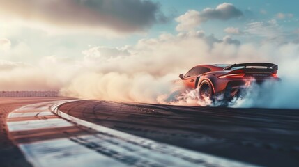 Red Sports Car Drifting on a Racetrack Amidst Clouds at Sunset