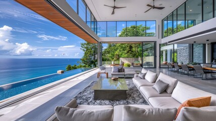 A modern oceanfront villa with floor-to-ceiling windows overlooking the azure waters