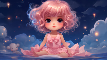 Fototapeta premium Fun chibistyle lake scene with vibrant colors and cartoony details. Perfect for a digital painting or vector art project.