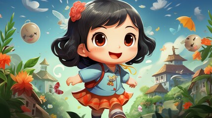 Fototapeta premium Adorable chibistyle cartoon drawing of vibrant, mountainous scenery in a vividly colored, stylized digital painting.