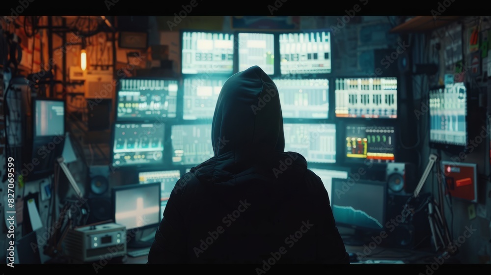 Poster silhouette of a hooded computer hacker behind multiple displays and digital information. data thief,