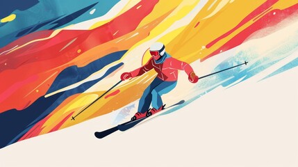 Outdoor sports, draw a skier skiing downhill on an illustration, use shapes and colors in the picture to express the relationship between the skier and the downhill, and add some daily necessities to 