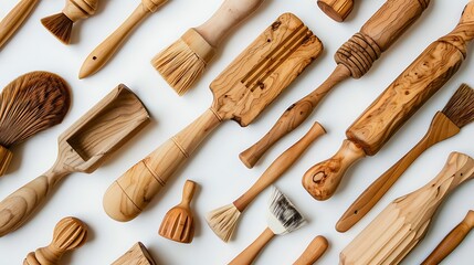 Mix of wooden rolling pins and pastry brushes displayed elegantly on a bright white surface, perfect for baking enthusiasts. - Powered by Adobe