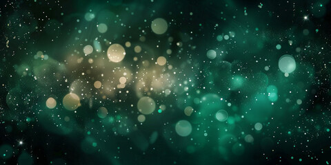 Obraz premium teal green bokeh background,Beautiful green bokeh lights on dark background, creating a mesmerizing and dreamy effect with soft, glowing orbs of various sizes and a deep, enchanting atmosphere.banner 