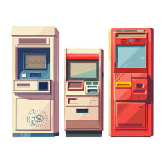 Colorful illustration of three different types of vending machines and ticket dispensers on a white background.