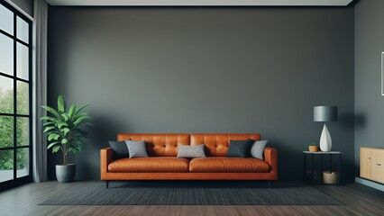 Modern living room has an orange sofa on dark gray wall background on isolated 3D rendering