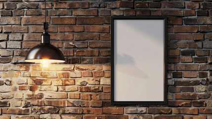A brick wall with a framed poster and a hanging lamp
